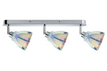 60124 Spotlights Dichroic Balken 3x40W GZ10 Chrom/Dichroic 230V Metall/Glas The 3-lamp -Dichroic- spotlight features proven 230В volt halogen technology combined with an attractive design. The product includes a lamp, reflector lamp Halo+ Maxiflood (80044), on delivery and is suitable for wall and ceiling mounting. The generous light distribution is ideally suited to general purpose room illumination. 601.24 Paulmann