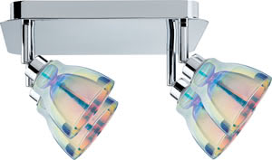 60125 Spotlights Dichroic Rondell 4x40W GZ10 Chrom/Dichroic 230V Metall/Glas The 4-lamp -Dichroic- spotlight features proven 230В volt halogen technology combined with an attractive design. The product includes a lamp, reflector lamp Halo+ Maxiflood (80044), on delivery and is suitable for wall and ceiling mounting. The generous light distribution is ideally suited to general purpose room illumination. 601.25 Paulmann