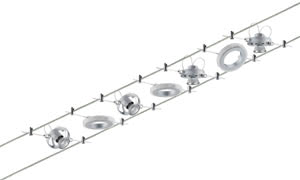 94070 Струнная система HaloLED 4x20W + 3x1,5W GU4, 12V The 7-lamp halogen/LED cable system -HaloLED- is suitable for large rooms with a total output of 84.5В watt. The system is suitable for wall and ceiling mounting and is an 
