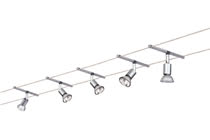 97251 Светильник струнный, Спайс Сальт, 5х20Вт, GU5,3, матов. The 5-lamp halogen cable system -Salt- is suitable for medium-sized rooms with a total output of 100В watt. The system is suitable for wall and ceiling mounting and is an -all-rounder- in the realm of individual lighting solutions with the appropriate accessories, such as diffusers. 972.51 Paulmann