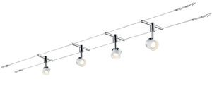 94080 Светильник струнный Stage 4x5W Ws/Chr The 4-lamp LED cable system -Stage- is an innovation in LED technology with a total output of 20В watt. The system is suitable for wall and ceiling mounting and is an -all-rounder- in the realm of individual lighting solutions with the appropriate accessories, such as diffusers. 940.80 Paulmann