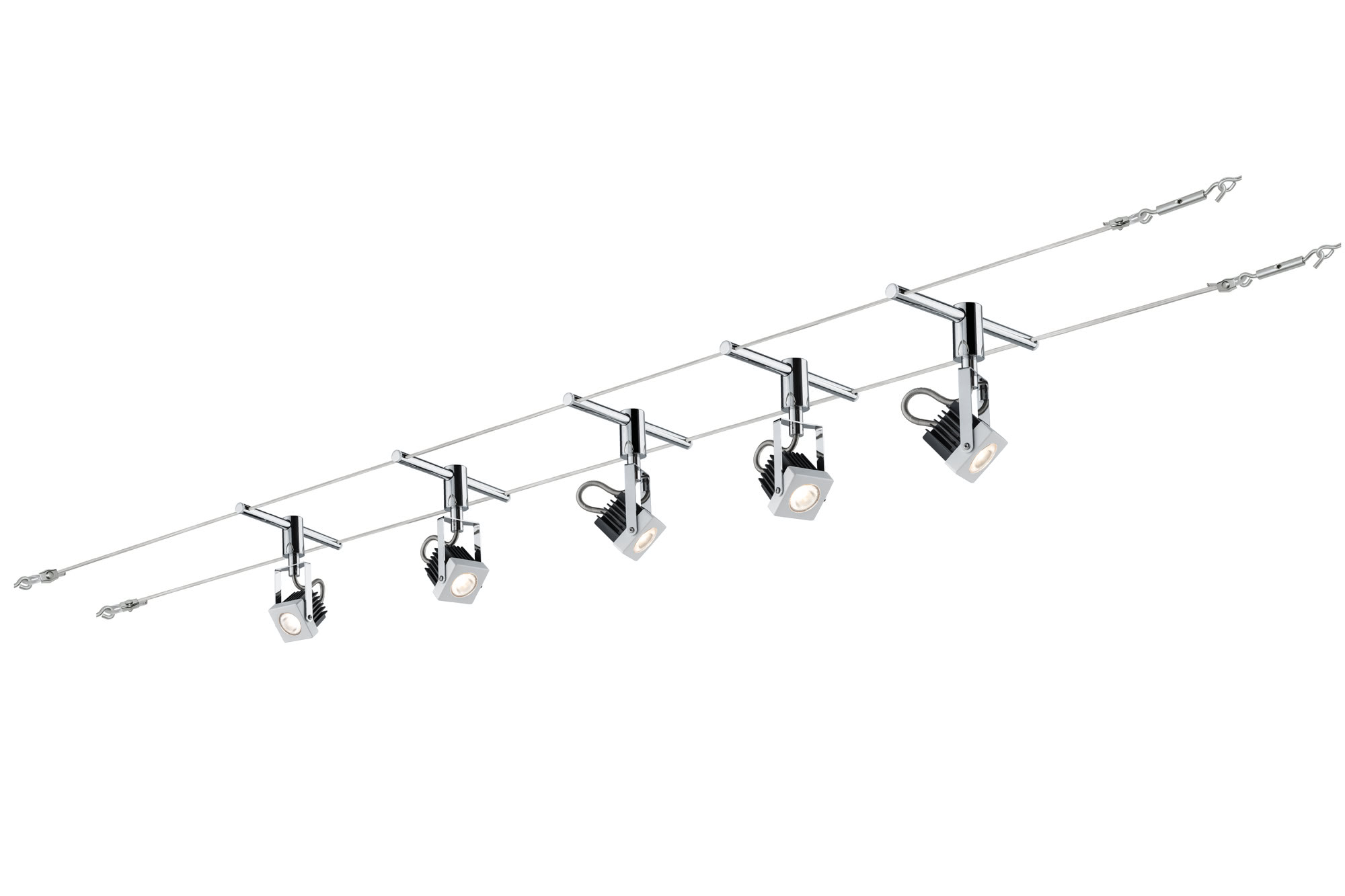 94082 Светильник струнный Mezzo 5x5W Ws/Chr The 5-lamp LED cable system -Mezzo- is an innovation in LED technology with a total output of 25В watt. The system is suitable for wall and ceiling mounting and is an -all-rounder- in the realm of individual lighting solutions with the appropriate accessories, such as diffusers. 940.82 Paulmann