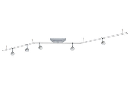 95161 Rail Globe 5x20W GU4 Chrom Globe, the 5-bulb halogen 12-volt rail system with a total output of 100 W, features energy-saving 12-volt technology. The brilliant halogen light, which can be regulated variably with a conventional dimmer, creates a pleasant atmosphere in any living area. The system is suitable for wall and ceiling mounting. 951.61 Paulmann